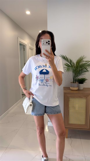 Fodde Beyaz The Beach Yazılı Tişört