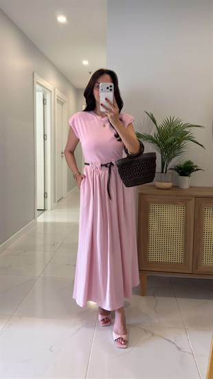 Folksy Pembe Vatkalı Kemerli Elbise