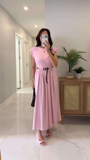 Folksy Pembe Vatkalı Kemerli Elbise