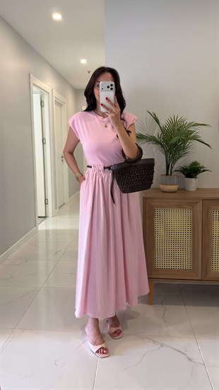 Folksy Pembe Vatkalı Kemerli Elbise