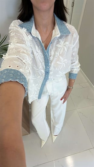 Forda Ekru Denim Garnili Dantel Gömlek
