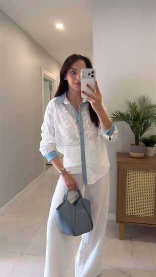 Forda Ekru Denim Garnili Dantel Gömlek