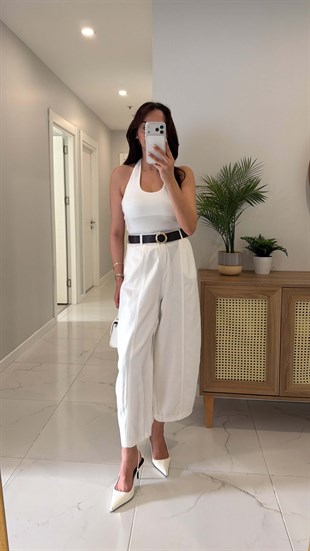 Fordy Beyaz Gabardin Kemerli Pantolon