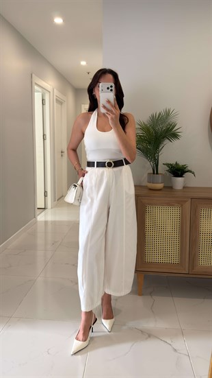 Fordy Beyaz Gabardin Kemerli Pantolon