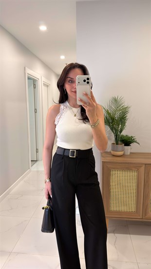 Fortran Ekru Dantelli Triko Bluz