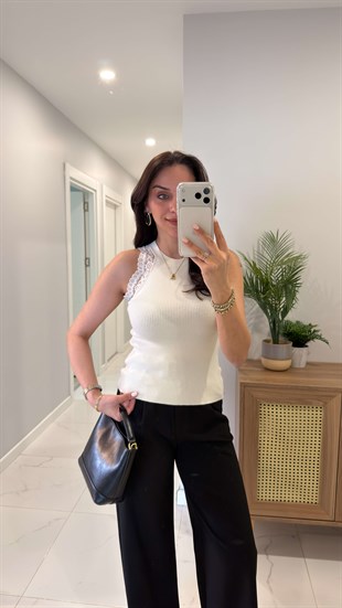 Fortran Ekru Dantelli Triko Bluz