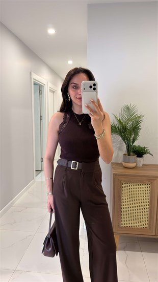 Fortran Kahve Dantelli Triko Bluz