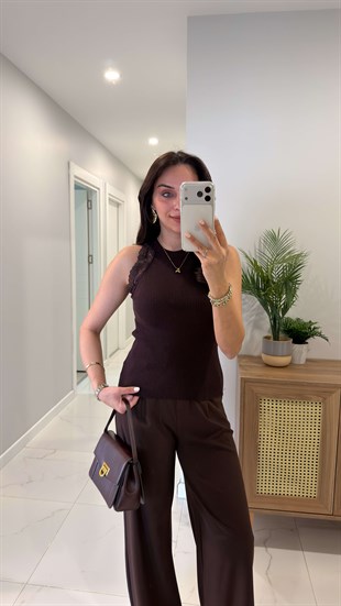 Fortran Kahve Dantelli Triko Bluz