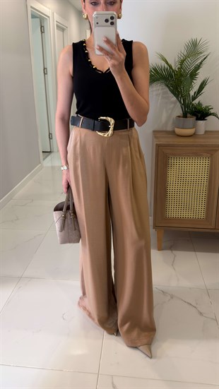 Frenkla Şampanya Kemerli Pantolon