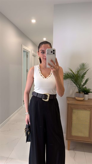 Frodwe Ekru Kolsuz Boncuklu Bluz