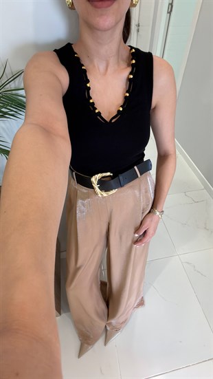 Frodwe Siyah Kolsuz Boncuklu Bluz