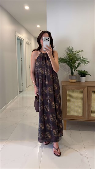 Fronkle Kahve Halter Yaka Desenli Elbise
