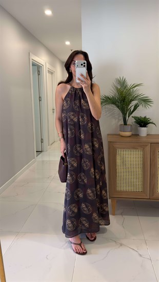 Fronkle Kahve Halter Yaka Desenli Elbise