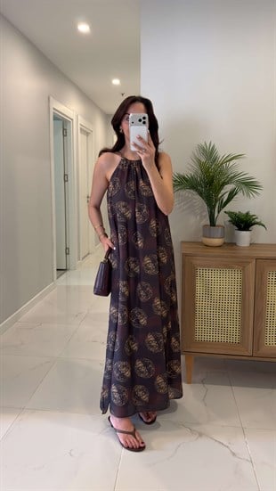 Fronkle Kahve Halter Yaka Desenli Elbise