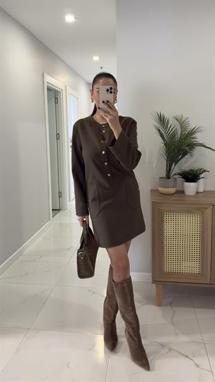 Fulla Haki Çıtçıt Düğme Detaylı Detaylı Elbise