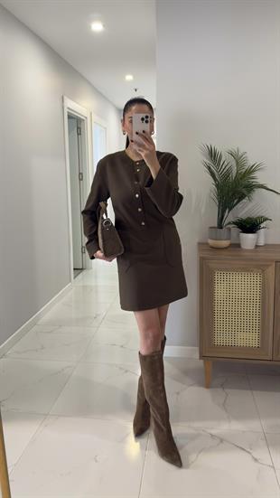 Fulla Haki Çıtçıt Düğme Detaylı Detaylı Elbise