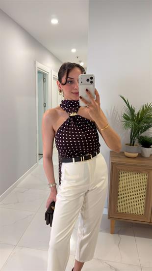 Furiy Bordo Boyun Detaylı Puantiyeli Bluz