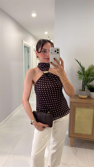 Furiy Bordo Boyun Detaylı Puantiyeli Bluz