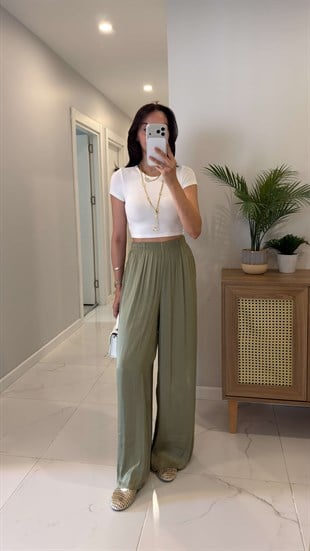 Gardenya Haki Beli Lastikli Dökümlü Pantolon
