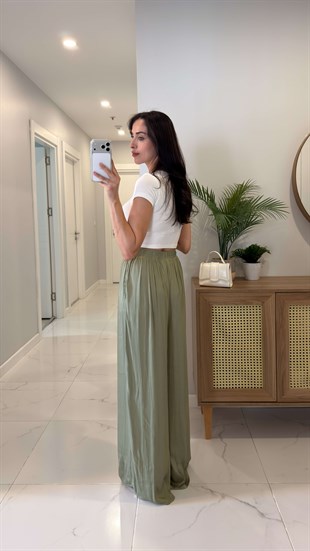 Gardenya Haki Beli Lastikli Dökümlü Pantolon