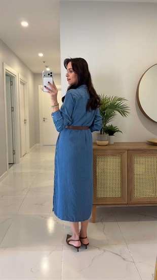 Garta Mavi Denim Düğmeli Elbise