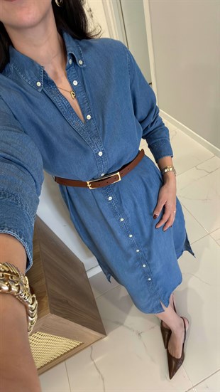 Garta Mavi Denim Düğmeli Elbise