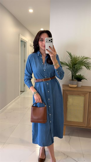 Garta Mavi Denim Düğmeli Elbise