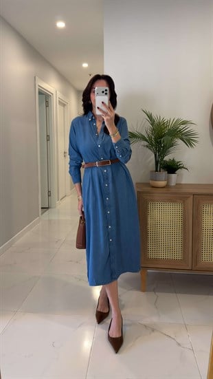 Garta Mavi Denim Düğmeli Elbise