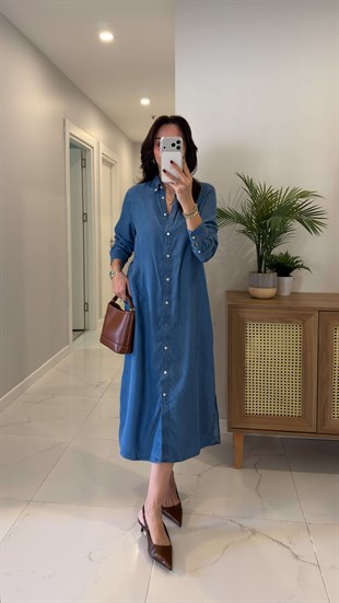 Garta Mavi Denim Düğmeli Elbise