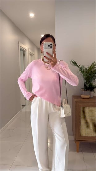 Genla Pembe Yakası Biyeli Uzun Kol Bluz