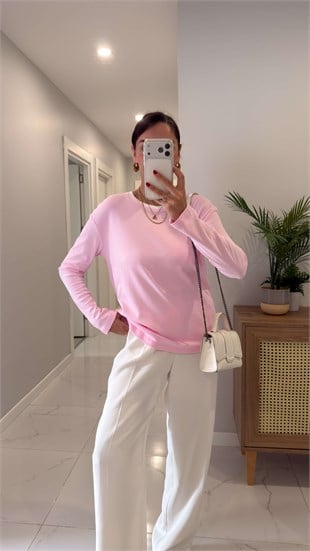 Genla Pembe Yakası Biyeli Uzun Kol Bluz