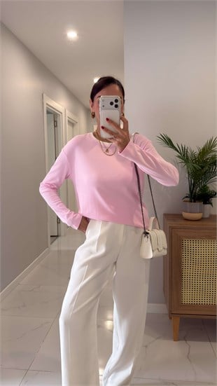 Genla Pembe Yakası Biyeli Uzun Kol Bluz