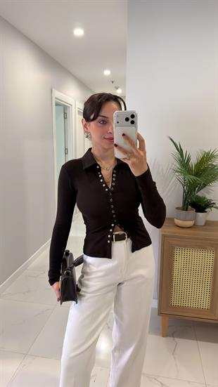 Gentore Kahve Çıtçıtlı Polo Yaka Bluz