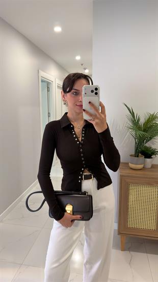 Gentore Kahve Çıtçıtlı Polo Yaka Bluz