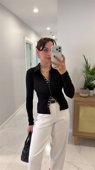 Gentore Siyah Çıtçıtlı Polo Yaka Bluz