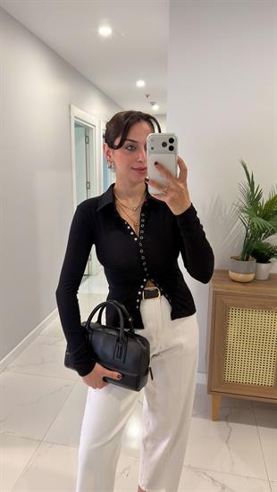 Gentore Siyah Çıtçıtlı Polo Yaka Bluz