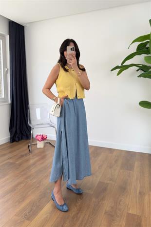 Gerrena Sarı Triko Gold Düğmeli Cepli Yelek