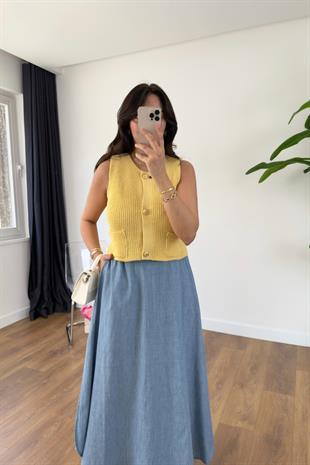 Gerrena Sarı Triko Gold Düğmeli Cepli Yelek