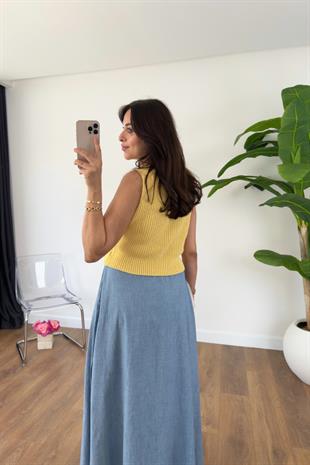 Gerrena Sarı Triko Gold Düğmeli Cepli Yelek