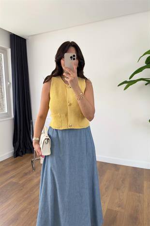 Gerrena Sarı Triko Gold Düğmeli Cepli Yelek