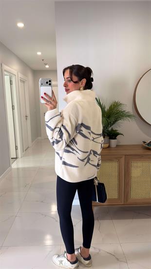 Gerta Ekru İnsan Figürlü Peluş Fermuarlı Sweat