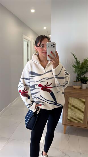 Gerta Ekru İnsan Figürlü Peluş Fermuarlı Sweat