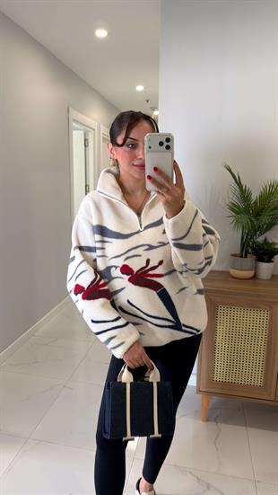 Gerta Ekru İnsan Figürlü Peluş Fermuarlı Sweat