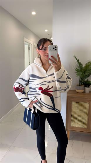Gerta Ekru İnsan Figürlü Peluş Fermuarlı Sweat