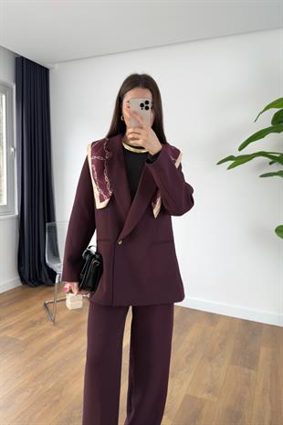 Gesina Bordo Blazer Ceket Palazzo Pantolon Takım