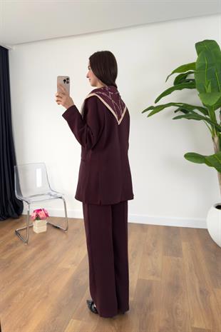 Gesina Bordo Blazer Ceket Palazzo Pantolon Takım