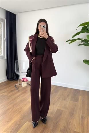 Gesina Bordo Blazer Ceket Palazzo Pantolon Takım