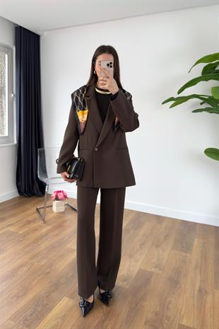 Gesina Kahve Blazer Ceket Palazzo Pantolon Takım