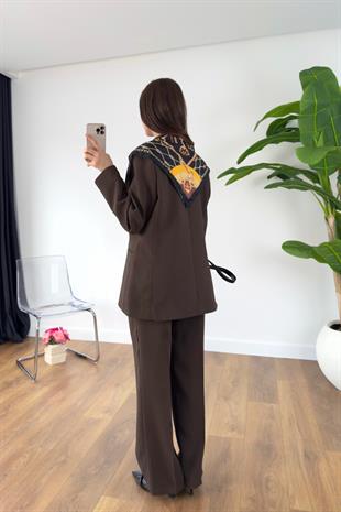 Gesina Kahve Blazer Ceket Palazzo Pantolon Takım
