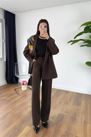 Gesina Kahve Blazer Ceket Palazzo Pantolon Takım